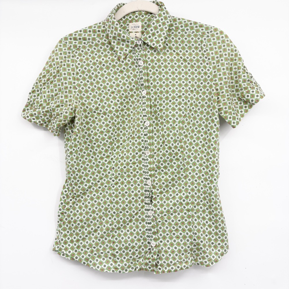 J.Crew Womens Green Geometric Medallion Print Preppy Button Down Shirt Size 4
